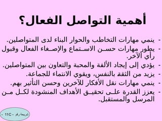 ‫الفعال‬ ‫التواصل‬ ‫أهمية‬
‫؟‬
-
.‫المتواصلين‬ ‫لدى‬ ‫البناء‬ ‫والحوار‬ ‫التخاطب‬ ‫مهارات‬ ‫ينمي‬
-
‫وقبول‬ ‫الفعال‬ ‫غاء‬00‫واإلص‬ ‫تماع‬00‫االس‬ ‫ن‬00‫حس‬ ‫مهارات‬ ‫يطور‬
.‫اآلخر‬ ‫رأي‬
-
.‫المتواصلين‬ ‫بين‬ ‫والتعاون‬ ‫والمحبة‬ ‫األلفة‬ ‫إيجاد‬ ‫إلى‬ ‫يؤدي‬
-
.‫للجماعة‬ ‫االنتماء‬ ‫ويقوي‬ ،‫بالنفس‬ 0
‫ة‬‫الثق‬ ‫من‬ ‫يزيد‬
-
.‫بهم‬ ‫التأثير‬ ‫وحسن‬ ‫لآلخرين‬ ‫األفكار‬ ‫نقل‬ ‫مهارات‬ ‫ينمي‬
-
‫ن‬00‫م‬ ‫ل‬00‫لك‬ ‫المنشودة‬ ‫األهداف‬ ‫ق‬00‫تحقي‬ ‫ى‬00‫عل‬ ‫القدرة‬ ‫يعزز‬
.‫والمستقبل‬ ‫المرسل‬
- ‫رقم‬ ‫شريحة‬
11C
-
 