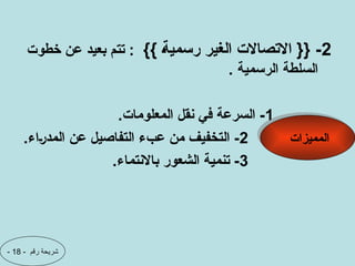 2
}} ?‫ة‬‫رسمي‬ ‫الغير‬ ‫االتصاالت‬ {{ -
‫خطوت‬ ‫عن‬ ‫بعيد‬ ‫تتم‬ :
. ‫الرسمية‬ ‫السلطة‬
1
.‫المعلومات‬ ‫نقل‬ ‫في‬ ‫السرعة‬ -
2
.‫?اء‬‫ر‬‫المد‬ ‫عن‬ ‫التفاصيل‬ ‫عبء‬ ‫من‬ ‫التخفيف‬ -
3
.‫باالنتماء‬ ‫الشعور‬ ‫تنمية‬ -
‫المميزات‬
- ‫رقم‬ ‫شريحة‬
18
-
 