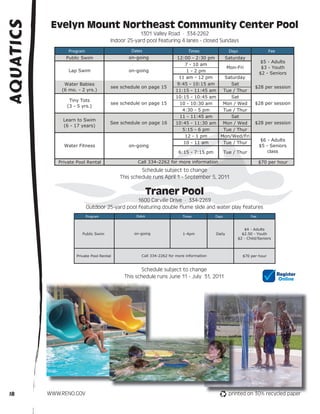 Evelyn Mount Northeast Community Center Pool
Aquatics
                                                    1301 Valley Road · 334-2262
                                        Indoor 25-yard pool featuring 4 lanes - closed Sundays
                  Program                       Dates                         Times                 Days                  Fee
                 Public Swim                   on-going                12:00 - 2:30 pm    Saturday
                                                                                                                      $5 - Adults
                                                                          7 - 10 am
                                                                                           Mon-Fri                    $3 - Youth
                  Lap Swim                     on-going                    1 - 2 pm                                  $2 - Seniors
                                                                        11 am - 12 pm     Saturday
                Water Babies                                           9:45 - 10:15 am       Sat
                                        see schedule on page 15                                                  $28 per session
               (6 mo. - 2 yrs.)                                        11:15 - 11:45 am  Tue / Thur
                                                                       10:15 - 10:45 am      Sat
                  Tiny Tots
                                        see schedule on page 15         10 - 10:30 am    Mon / Wed               $28 per session
                 (3 - 5 yrs.)
                                                                         4:30 - 5 pm     Tue / Thur
                                                                        11 - 11:45 am        Sat
                Learn to Swim
                                        See schedule on page 16        10:45 - 11:30 am Mon / Wed                $28 per session
                (6 - 17 years)
                                                                         5:15 - 6 pm     Tue / Thur
                                                                           12 - 1 pm    Mon/Wed/Fri
                                                                                        Mo
                                                                                                                     $6 - Adults
                                                                          10 - 11 am     Tue / Thur
                                                                                            e
                Water Fitness                  on-going                                                              $5 - Seniors
                                                                         6:15 - 7:15 pm           Tue / Thur             class

              Private Pool Rental                  Call 334-2262 for more information
                                                                                   on                                $70 per hour
                                                     Schedule subject to change
                                            This schedule runs April 1 - September 5, 2011

                                                           Traner Pool
                                                 1600 Carville Drive · 334-2269
                            Outdoor 25-yard pool featuring double flume slide and water play features
                            Program                Dates                   Times           Days                Fee


                                                                                                           $4 - Adults
                         Public Swim              on-going                 1-4pm           Daily          $2.50 - Youth
                                                                                                        $2 - Child/Seniors



                      Private Pool Rental             Call 334-2262 for more information                   $70 per hour


                                                    Schedule subject to change
                                             This schedule runs June 11 - July 31, 2011




 18        WWW.RENO.GOV                                                                             printed on 30% recycled paper
 