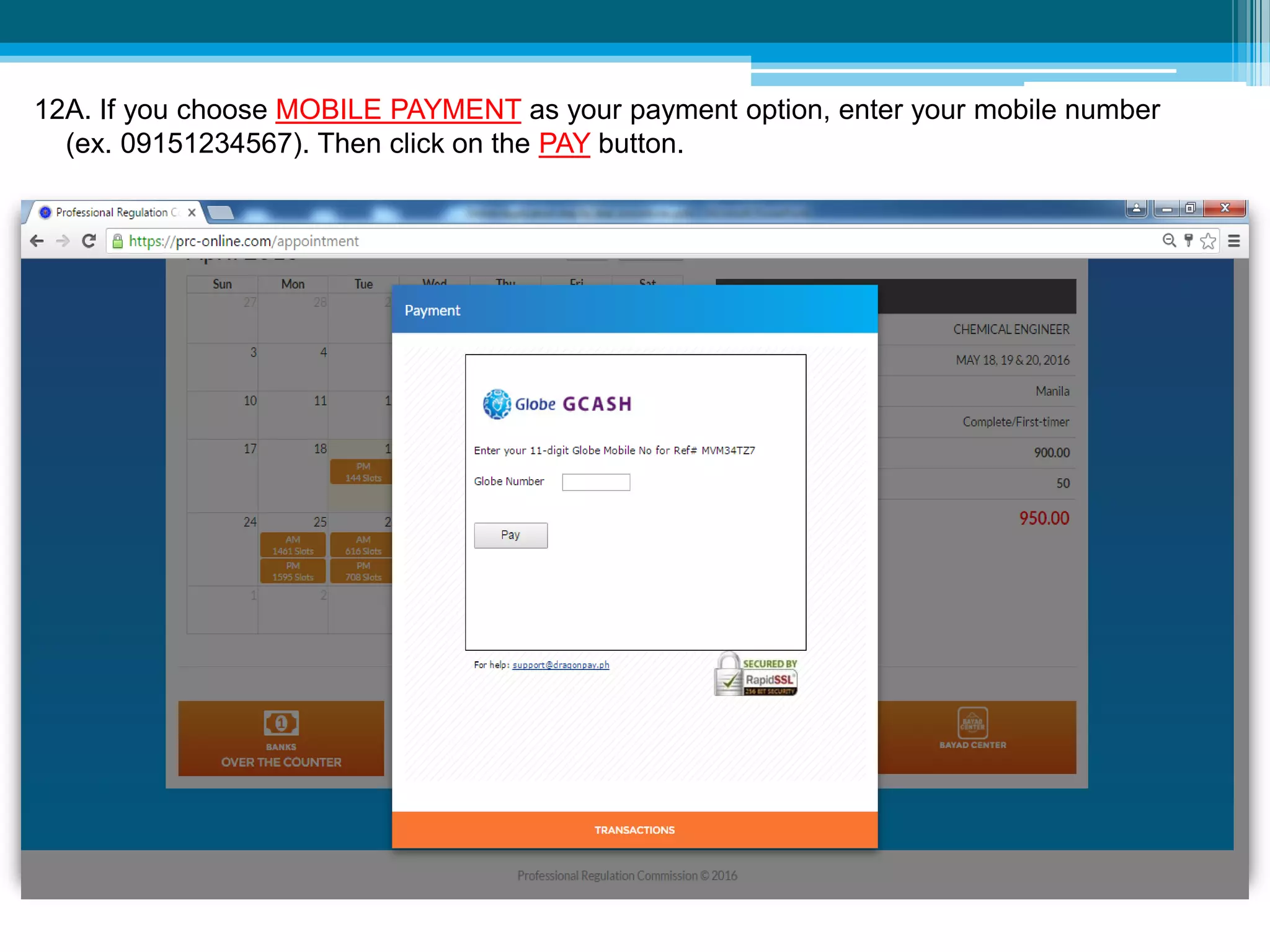 12A. If you choose MOBILE PAYMENT as your payment option, enter your mobile number
(ex. 09151234567). Then click on the PAY button.
 