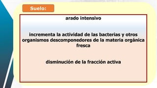 Suelo:
arado intensivo
incrementa la actividad de las bacterias y otros
organismos descomponedores de la materia orgánica
fresca
disminución de la fracción activa
 
