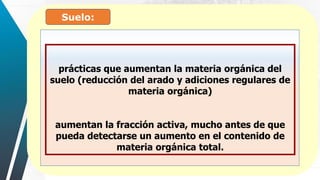 Suelo:
prácticas que aumentan la materia orgánica del
suelo (reducción del arado y adiciones regulares de
materia orgánica)
aumentan la fracción activa, mucho antes de que
pueda detectarse un aumento en el contenido de
materia orgánica total.
 