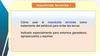 insecticida larvicida :
Cómo usar el insecticida larvicida como
tratamiento del estiércol para evitar las larvas
Indicado especialmente para entornos ganaderos,
agropecuarios y equinos
 