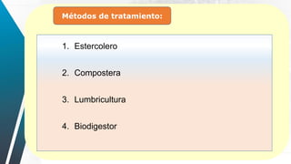 Métodos de tratamiento:
1. Estercolero
2. Compostera
3. Lumbricultura
4. Biodigestor
 