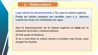 1.- Estercolero:
Lugar abierto de almacenamiento y Tto. para la materia orgánica
Puede ser sólidos cargados con carretilla, carro o a desnivel
cuando las heces son arrastradas por agua.
Aquí la descomposición de la materia orgánica es lenta por la
presencia de forraje o residuos leñosos
Al final queda el bioabono
Si es a nivel tiene un orificio central o sumidero mas hondo, para
recoger los líquidos
 