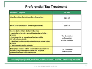 Preferential Tax Treatment
Industries / Projects                                                                   Tax Rate


High-Tech, New-Tech, Clean-Tech Enterprises
                                                                                         15% CIT



Small-scale Enterprises with low profitability                                           20% CIT


Income Derived from Certain Industries
• Agriculture, forestry, animal husbandry or fishery
projects
                                                                                      Tax Exemption
• Investment in or operation of certain public
                                                                                       or Reduction
infrastructure projects
                                                                                     3+3 Tax Holidays
• Qualified environmental protection and conservation
projects
• Technology transfer projects

Enterprises located within certain ethnic autonomous                                 Tax Exemption
regions (subject to approval from the People’s
government of the relevant regions)                                                   or Reduction




Encouraging High-tech, New-tech, Clean-Tech and Offshore Outsourcing services


                                 The JLJ Group All Rights Reserved - July 22, 2010                      13
 
