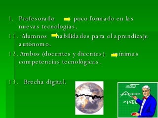 Profesorado  poco formado en las nuevas tecnologías. 11.   Alumnos  habilidades para el aprendizaje autónomo. 12.  Ambos (docentes y dicentes)  mínimas competencias tecnológicas. 13.   Brecha digital. 