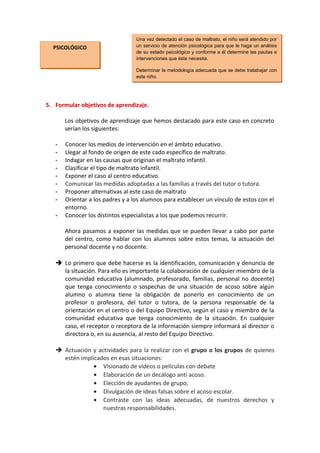 5. Formular objetivos de aprendizaje.
Los objetivos de aprendizaje que hemos destacado para este caso en concreto
serían los siguientes:
- Conocer los medios de intervención en el ámbito educativo.
- Llegar al fondo de origen de este cado específico de maltrato.
- Indagar en las causas que originan el maltrato infantil.
- Clasificar el tipo de maltrato infantil.
- Exponer el caso al centro educativo.
- Comunicar las medidas adoptadas a las familias a través del tutor o tutora.
- Proponer alternativas al este caso de maltrato
- Orientar a los padres y a los alumnos para establecer un vínculo de estos con el
entorno.
- Conocer los distintos especialistas a los que podemos recurrir.
Ahora pasamos a exponer las medidas que se pueden llevar a cabo por parte
del centro, como hablar con los alumnos sobre estos temas, la actuación del
personal docente y no docente.
 Lo primero que debe hacerse es la identificación, comunicación y denuncia de
la situación. Para ello es importante la colaboración de cualquier miembro de la
comunidad educativa (alumnado, profesorado, familias, personal no docente)
que tenga conocimiento o sospechas de una situación de acoso sobre algún
alumno o alumna tiene la obligación de ponerlo en conocimiento de un
profesor o profesora, del tutor o tutora, de la persona responsable de la
orientación en el centro o del Equipo Directivo, según el caso y miembro de la
comunidad educativa que tenga conocimiento de la situación. En cualquier
caso, el receptor o receptora de la información siempre informará al director o
directora o, en su ausencia, al resto del Equipo Directivo.
 Actuación y actividades para la realizar con el grupo o los grupos de quienes
estén implicados en esas situaciones:
• Visionado de vídeos o películas con debate
• Elaboración de un decálogo anti acoso.
• Elección de ayudantes de grupo;
• Divulgación de ideas falsas sobre el acoso escolar.
• Contraste con las ideas adecuadas, de nuestros derechos y
nuestras responsabilidades.
PSICOLÓGICO
Una vez detectado el caso de maltrato, el niño será atendido por
un servicio de atención psicológica para que le haga un análisis
de su estado psicológico y conforme a él determine las pautas e
intervenciones que éste necesita.
Determinar la metodología adecuada que se debe tratabajar con
este niño.
 