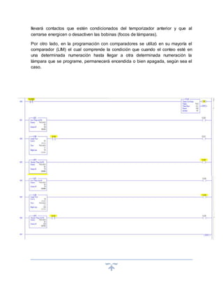llevará contactos que estén condicionados del temporizador anterior y que al
cerrarse energicen o desactiven las bobinas (focos de lámparas).
Por otro lado, en la programación con comparadores se utilizó en su mayoría el
comparador (LIM) el cual comprende la condición que cuando el conteo esté en
una determinada numeración hasta llegar a otra determinada numeración la
lámpara que se programe, permanecerá encendida o bien apagada, según sea el
caso.
 