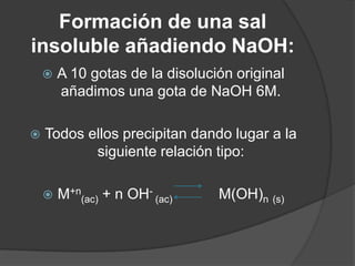 Formación de una sal
insoluble añadiendo NaOH:




A 10 gotas de la disolución original
añadimos una gota de NaOH 6M.

Todos ellos precipitan dando lugar a la
siguiente relación tipo:


M+n(ac) + n OH- (ac)

M(OH)n (s)

 