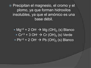 

Precipitan el magnesio, el cromo y el
plomo, ya que forman hidroxilos
insolubles, ya que el amónico es una
base débil.
 Mg+2 + 2 OH-  Mg (OH)2 (s) Blanco
 Cr+3 + 3 OH-  Cr (OH)3 (s) Verde
 Pb+2 + 2 OH-  Pb (OH)2 (s) Blanco

 