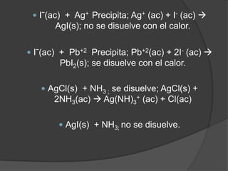  Iˉ(ac) + Ag+ Precipita; Ag+ (ac) + I- (ac) 

AgI(s); no se disuelve con el calor.
 Iˉ(ac) + Pb+2 Precipita; Pb+2(ac) + 2I- (ac) 

PbI2(s); se disuelve con el calor.
 AgCl(s) + NH3 ; se disuelve; AgCl(s) +

2NH3(ac)  Ag(NH)3+ (ac) + Cl(ac)
 AgI(s) + NH3; no se disuelve.

 