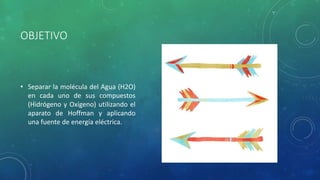 OBJETIVO
• Separar la molécula del Agua (H2O)
en cada uno de sus compuestos
(Hidrógeno y Oxígeno) utilizando el
aparato de Hoffman y aplicando
una fuente de energía eléctrica.
 