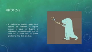 HIPÓTESIS
• A través de un modelo casero de el
aparato de Hoffman se logrará
separar el agua en Oxígeno e
Hidrógeno, comprobándolo con el
color de la llama que se pueda
producir al final de la práctica.
 