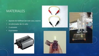 MATERIALES
• Aparato de Hoffman (en este caso, casero)
• Un eliminador de 12 volts
• 2 caimanes
• Encendedor
 