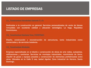 LISTADO DE EMPRESAS
11_ Constructora Hernández Salcedo C x A:
Dedicados a la construcción en general. Servicios personalizados de venta de bienes
inmuebles con excelente calidad y ubicación estratégica. La Vega, República
Dominicana.
12_ Constructora Santana Cruz, CONSTSAC:
Diseño, construcción y reconstrucción de estructuras, tanto industriales como
comerciales y de servicios hoteleros.
13_ Constructora Modesto:
Empresa especializada en el diseño y construcción de obras de arte viales, autopistas,
edificaciones y sanitarias. Servicios de montajes industriales, movimiento de tierra,
alquiler de grúas y equipos pesados y construcción de elementos prefabricados entre
otros. Ubicados en la Calle D esq. Isabel Aguilar, Zona Industrial de Herrera, Santo
Domingo.
 