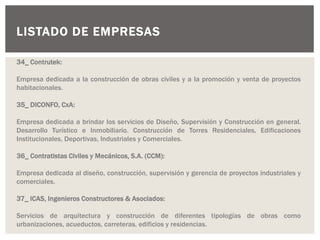 LISTADO DE EMPRESAS
34_ Contrutek:
Empresa dedicada a la construcción de obras civiles y a la promoción y venta de proyectos
habitacionales.
35_ DICONFO, CxA:
Empresa dedicada a brindar los servicios de Diseño, Supervisión y Construcción en general.
Desarrollo Turístico e Inmobiliario. Construcción de Torres Residenciales, Edificaciones
Institucionales, Deportivas, Industriales y Comerciales.
36_ Contratistas Civiles y Mecánicos, S.A. (CCM):
Empresa dedicada al diseño, construcción, supervisión y gerencia de proyectos industriales y
comerciales.
37_ ICAS, Ingenieros Constructores & Asociados:
Servicios de arquitectura y construcción de diferentes tipologías de obras como
urbanizaciones, acueductos, carreteras, edificios y residencias.
 