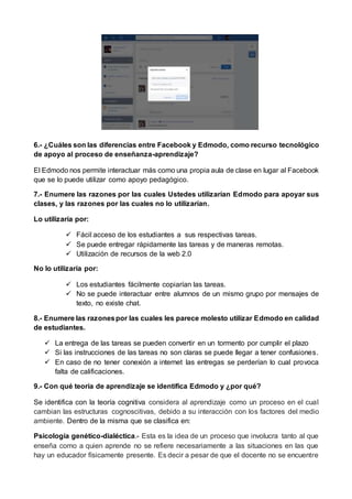 6.- ¿Cuáles son las diferencias entre Facebook y Edmodo, como recurso tecnológico
de apoyo al proceso de enseñanza-aprendizaje?
El Edmodo nos permite interactuar más como una propia aula de clase en lugar al Facebook
que se lo puede utilizar como apoyo pedagógico.
7.- Enumere las razones por las cuales Ustedes utilizarían Edmodo para apoyar sus
clases, y las razones por las cuales no lo utilizarían.
Lo utilizaría por:
 Fácil acceso de los estudiantes a sus respectivas tareas.
 Se puede entregar rápidamente las tareas y de maneras remotas.
 Utilización de recursos de la web 2.0
No lo utilizaría por:
 Los estudiantes fácilmente copiarían las tareas.
 No se puede interactuar entre alumnos de un mismo grupo por mensajes de
texto, no existe chat.
8.- Enumere las razonespor las cuales les parece molesto utilizar Edmodo en calidad
de estudiantes.
 La entrega de las tareas se pueden convertir en un tormento por cumplir el plazo
 Si las instrucciones de las tareas no son claras se puede llegar a tener confusiones.
 En caso de no tener conexión a internet las entregas se perderían lo cual provoca
falta de calificaciones.
9.- Con qué teoría de aprendizaje se identifica Edmodo y ¿por qué?
Se identifica con la teoría cognitiva considera al aprendizaje como un proceso en el cual
cambian las estructuras cognoscitivas, debido a su interacción con los factores del medio
ambiente. Dentro de la misma que se clasifica en:
Psicología genético-dialéctica.- Esta es la idea de un proceso que involucra tanto al que
enseña como a quien aprende no se refiere necesariamente a las situaciones en las que
hay un educador físicamente presente. Es decir a pesar de que el docente no se encuentre
 