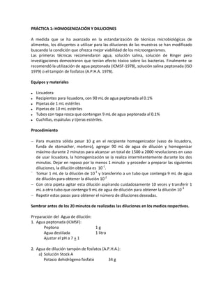 PRÁCTICA 1: HOMOGENIZACIÓN Y DILUCIONES

A medida que se ha avanzado en la estandarización de técnicas microbiológicas de
alimentos, los diluyentes a utilizar para las diluciones de las muestras se han modificado
buscando la condición que ofrezca mejor viabilidad de los microorganismos.
Las primeras técnicas recomendaron agua, solución salina, solución de Ringer pero
investigaciones demostraron que tenían efecto tóxico sobre las bacterias. Finalmente se
recomendó la utilización de agua peptonada (ICMSF-1978), solución salina peptonada (ISO
1979) o el tampón de fosfatos (A.P.H.A. 1978).

Equipos y materiales

   Licuadora
   Recipientes para licuadora, con 90 mL de agua peptonada al 0.1%
   Pipetas de 1 mL estériles
   Pipetas de 10 mL estériles
   Tubos con tapa rosca que contengan 9 mL de agua peptonada al 0.1%
   Cuchillas, espátulas y tijeras estériles.

Procedimiento

 Para muestra sólida pesar 10 g en el recipiente homogenizador (vaso de licuadora,
  funda de stomacher, mortero), agregar 90 mL de agua de dilución y homogenizar
  máximo durante 2 minutos para alcanzar un total de 1500 a 2000 revoluciones en caso
  de usar licuadora, la homogenización se la realiza intermitentemente durante los dos
  minutos. Dejar en reposo por lo menos 1 minuto y proceder a preparar las siguientes
  diluciones, la dilución obtenida es 10-1.

  Tomar 1 mL de la dilución de 10-1 y transferirlo a un tubo que contenga 9 mL de agua
  de dilución para obtener la dilución 10-2
 Con otra pipeta agitar esta dilución aspirando cuidadosamente 10 veces y transferir 1
  mL a otro tubo que contenga 9 mL de agua de dilución para obtener la dilución 10 -3
 Repetir estos pasos para obtener el número de diluciones deseadas.

Sembrar antes de los 20 minutos de realizadas las diluciones en los medios respectivos.

Preparación del Agua de dilución:
1. Agua peptonada (ICMSF):
      Peptona                     1g
      Agua destilada              1 litro
      Ajustar el pH a 7 + 1

2. Agua de dilución tampón de fosfatos (A.P.H.A.):
    a) Solución Stock A
       Potasio dehidrógeno fosfato         34 g
 