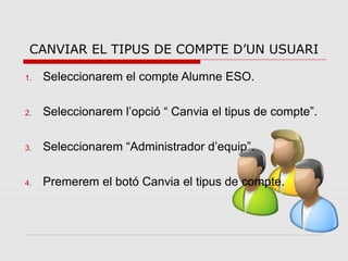 CANVIAR EL TIPUS DE COMPTE D’UN USUARI

1.   Seleccionarem el compte Alumne ESO.

2.   Seleccionarem l’opció “ Canvia el tipus de compte”.

3.   Seleccionarem “Administrador d’equip”.

4.   Premerem el botó Canvia el tipus de compte.
 
