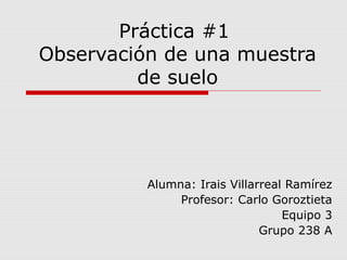 Práctica #1
Observación de una muestra
de suelo
Alumna: Irais Villarreal Ramírez
Profesor: Carlo Goroztieta
Equipo 3
Grupo 238 A
 