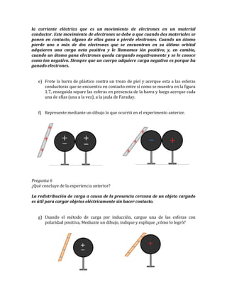 la corriente eléctrica que es un movimiento de electrones en un material
conductor. Este movimiento de electrones se debe a que cuando dos materiales se
ponen en contacto, alguno de ellos gana o pierde electrones. Cuando un átomo
pierde uno o más de dos electrones que se encuentran en su último orbital
adquieren una carga neta positiva y le llamamos ión positivo; y, en cambio,
cuando un átomo gana electrones queda cargando negativamente y se le conoce
como ion negativo. Siempre que un cuerpo adquiere carga negativa es porque ha
ganado electrones.
e) Frote la barra de plástico contra un trozo de piel y acerque esta a las esferas
conductoras que se encuentra en contacto entre sí como se muestra en la figura
1.7, enseguida separe las esferas en presencia de la barra y luego acerque cada
una de ellas (una a la vez), a la jaula de Faraday.
f) Represente mediante un dibujo lo que ocurrió en el experimento anterior.
Pregunta 6
¿Qué concluye de la experiencia anterior?
La redistribución de carga a causa de la presencia cercana de un objeto cargado
es útil para cargar objetos eléctricamente sin hacer contacto.
g) Usando el método de carga por inducción, cargue una de las esferas con
polaridad positiva, Mediante un dibujo, indique y explique ¿cómo lo logró?
 