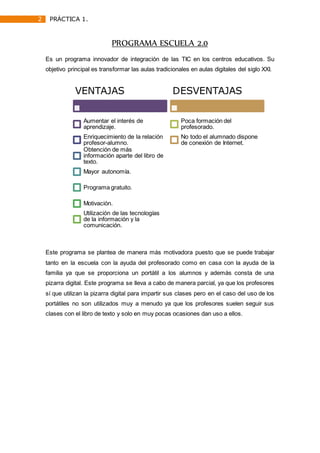 2 PRÁCTICA 1.
PROGRAMA ESCUELA 2.0
Es un programa innovador de integración de las TIC en los centros educativos. Su
objetivo principal es transformar las aulas tradicionales en aulas digitales del siglo XXI.
Este programa se plantea de manera más motivadora puesto que se puede trabajar
tanto en la escuela con la ayuda del profesorado como en casa con la ayuda de la
familia ya que se proporciona un portátil a los alumnos y además consta de una
pizarra digital. Este programa se lleva a cabo de manera parcial, ya que los profesores
sí que utilizan la pizarra digital para impartir sus clases pero en el caso del uso de los
portátiles no son utilizados muy a menudo ya que los profesores suelen seguir sus
clases con el libro de texto y solo en muy pocas ocasiones dan uso a ellos.
VENTAJAS
Aumentar el interés de
aprendizaje.
Enriquecimiento de la relación
profesor-alumno.
Obtención de más
información aparte del libro de
texto.
Mayor autonomía.
Programa gratuito.
Motivación.
Utilización de las tecnologías
de la información y la
comunicación.
DESVENTAJAS
Poca formación del
profesorado.
No todo el alumnado dispone
de conexión de Internet.
 