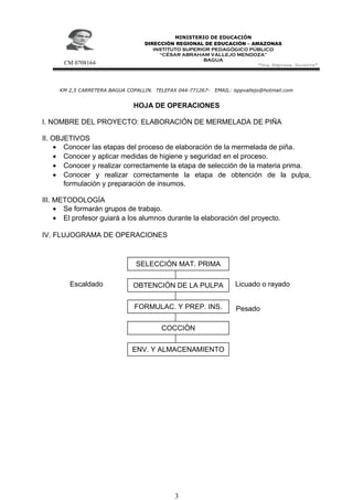 KM 2,5 CARRETERA BAGUA COPALLIN. TELEFAX 044-771267- EMAIL: isppvallejo@hotmail.com
HOJA DE OPERACIONES
I. NOMBRE DEL PROYECTO: ELABORACIÓN DE MERMELADA DE PIÑA
II. OBJETIVOS
• Conocer las etapas del proceso de elaboración de la mermelada de piña.
• Conocer y aplicar medidas de higiene y seguridad en el proceso.
• Conocer y realizar correctamente la etapa de selección de la materia prima.
• Conocer y realizar correctamente la etapa de obtención de la pulpa,
formulación y preparación de insumos.
III. METODOLOGÍA
• Se formarán grupos de trabajo.
• El profesor guiará a los alumnos durante la elaboración del proyecto.
IV. FLUJOGRAMA DE OPERACIONES
Escaldado Licuado o rayado
Pesado
3
CM 0708164
MINISTERIO DE EDUCACIÓN
DIRECCIÓN REGIONAL DE EDUCACIÓN – AMAZONAS
INSTITUTO SUPERIOR PEDAGÓGICO PÚBLICO
“CÉSAR ABRAHAM VALLEJO MENDOZA”
BAGUA
“Una Empresa Docente”
SELECCIÓN MAT. PRIMA
OBTENCIÓN DE LA PULPA
FORMULAC. Y PREP. INS.
COCCIÓN
ENV. Y ALMACENAMIENTO
 