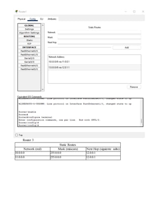 Router 3
Static Routes
Network (red) Mask (máscara) Next Hop (siguiente salto)
10.0.0.0 255.0.0.0 12.0.0.1
11.0.0.0 255.0.0.0 12.0.0.1
 