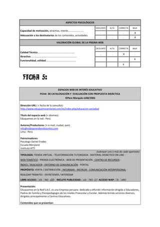 ASPECTOS PSICOLÓGICOS
                                                                      EXCELENTE   ALTA     CORRECTA   BAJA
Capacidad de motivación, atractivo, interés…………………….
                                                                          .        .          .        .X
Adecuación a los destinatarios de los contenidos, actividades.
                                                                          .        .          .        .X
                                 VALORACIÓN GLOBAL DE LA PÁGINA WEB

                                                                      EXCELENTE   ALTA     CORRECTA   BAJA
Calidad Técnica…………………………………………………..
                                                                          .        .          .X       .
Atractivo…………………………………………........................
Funcionalidad, utilidad………………………………………….                                                               X
                                                                                              X




  FICHA 5:
                                  ESPACIOS WEB DE INTERÉS EDUCATIVO
                 FICHA DE CATALOGACIÓN Y EVALUACIÓN CON PROPUESTA DIDÁCTICA
                                         ©Pere Marquès-UAB/2001

Dirección URL ( + fecha de la consulta):
http://www.eduquemosenlared.com/es/index.php/educacion-sociedad

Título del espacio web (+ idiomas):
Eduquemos en la red - Perú

Autores/Productores: (+ e-mail, ciudad, país)
info@nidoaprendiendojuntos.com
Lima - Perú

Patrocinadores:
Psicologo Daniel Erades
Escuela Meryland
Instituto ATTI
                                                           (subrayar uno o más de cada apartado)
TIPOLOGÍA: TIENDA VIRTUAL - TELEFORMACIÓN TUTORIZADA - MATERIAL DIDÁCTICO ON LINE -
WEB TEMÁTICO - PRENSA ELECTRÓNICA - WEB DE PRESENTACIÓN - CENTRO DE RECURSOS -
ÍNDICE / BUSCADOR - ENTORNO DE COMUNICACIÓN - PORTAL
PROPÓSITO: VENTA / DISTRIBUCIÓN - INFORMAR - INSTRUIR - COMUNICACIÓN INTERPERSONAL -
REALIZAR TRÁMITES - ENTRETENER / INTERESAR
LIBRE ACCESO: xSI     NO -///- INCLUYE PUBLICIDAD: xSI           NO -///- ACCESO WAP: SI     xNO

Presentación:
Eduquemos en la Red S.A.C. es una Empresa peruana dedicada a difundir información dirigida a Educadores,
Padres de Familia y Psicopedagogos de los niveles Preescolar y Escolar. Además brinda servicios diversos,
dirigidos principalmente a Centros Educativos.

Contenidos que se presentan:
 