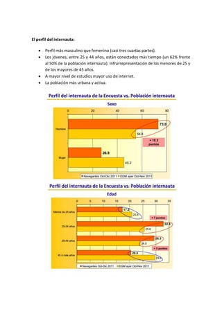 El perfil del internauta:

       Perfil más masculino que femenino (casi tres cuartas partes).
       Los jóvenes, entre 25 y 44 años, están conectados más tiempo (un 62% frente
       al 50% de la población internauta). Infrarrepresentación de los menores de 25 y
       de los mayores de 45 años.
       A mayor nivel de estudios mayor uso de internet.
       La población más urbana y activa.
 