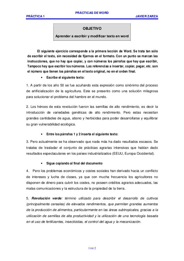 Práctica 1 de word: Aprender a escribir y modificar texto