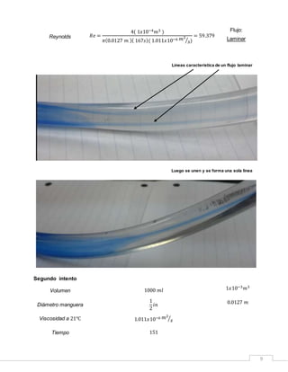 9
Reynolds 𝑅𝑒 =
4( 1𝑥10−4 𝑚3 )
𝜋(0.0127 𝑚 )( 167𝑠)( 1.011𝑥10−6 𝑚2
𝑠⁄ )
= 59.379
Flujo:
Laminar
Líneas característica de un flujo laminar
Luego se unen y se forma una sola linea
Segundo intento
Volumen 1000 𝑚𝑙 1𝑥10−3 𝑚3
Diámetro manguera
1
2
𝑖𝑛 0.0127 𝑚
Viscosidad a 21℃ 1.011𝑥10−6 𝑚2
𝑠⁄
Tiempo 151
 