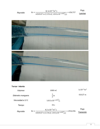 10
Reynolds 𝑅𝑒 =
4( 1𝑥10−3 𝑚3 )
𝜋(0.0127 𝑚 )( 151𝑠)( 1.011𝑥10−6 𝑚2
𝑠⁄ )
= 656.717
Flujo:
Laminar
Tercer intento
Volumen 1000 𝑚𝑙 1𝑥10−3 𝑚3
Diámetro manguera
1
2
𝑖𝑛 0.0127 𝑚
Viscosidad a 21℃ 1.011𝑥10−6 𝑚2
𝑠⁄
Tiempo 34 𝑠
Reynolds 𝑅𝑒 =
4( 1𝑥10−3 𝑚3 )
𝜋(0.0127 𝑚 )( 34𝑠)( 1.011𝑥10−6 𝑚2
𝑠⁄ )
= 2916.596
Flujo:
Transición
 