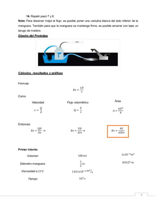 8
14. Repetir pasó 7 y 8.
Nota: Para observar mejor el flujo, es posible poner una cartulina blanca del lado inferior de la
manguera. También para que la manguera se mantenga firme, es posible amarrar con tape un
tarugo de madera.
Diseño del Prototipo
Cálculos, resultados y gráficas
Fórmula
𝑅𝑒 =
v𝐷
𝜈
Como
Velocidad Flujo volumétrico Área
v =
𝑄
𝐴
Q =
𝑉
𝑡 𝐴 =
𝜋𝐷2
4
Entonces:
𝑅𝑒 =
Q𝐷
𝐴𝜈
⇒ 𝑅𝑒 =
V𝐷
𝐴𝑡𝜈
⇒ 𝑅𝑒 =
4V
𝜋𝐷𝑡𝜈
Primer intento
Volumen 100 𝑚𝑙 1𝑥10−4 𝑚3
Diámetro manguera
1
2
𝑖𝑛 0.0127 𝑚
Viscosidad a 21℃ 1.011𝑥10−6 𝑚2
𝑠⁄
Tiempo 167 𝑠
 
