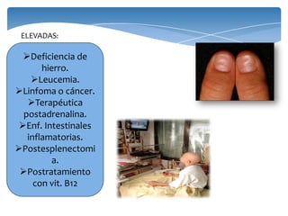 ELEVADAS:
Deficiencia de
hierro.
Leucemia.
Linfoma o cáncer.
Terapéutica
postadrenalina.
Enf. Intestinales
inflamatorias.
Postesplenectomi
a.
Postratamiento
con vit. B12
 