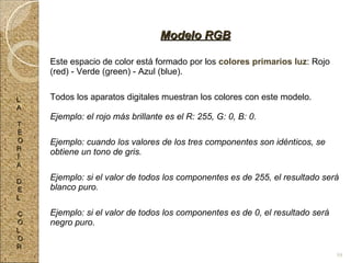Este espacio de color está formado por los  colores primarios luz : Rojo (red) - Verde (green) - Azul (blue). Todos los aparatos digitales muestran los colores con este modelo. Ejemplo: el rojo más brillante es el R: 255, G: 0, B: 0. Ejemplo: cuando los valores de los tres componentes son idénticos, se obtiene un tono de gris. Ejemplo: si el valor de todos los componentes es de 255, el resultado será blanco puro. Ejemplo: si el valor de todos los componentes es de 0, el resultado será negro puro. Modelo RGB L A T E O R Í A D E L C O L O R 59 