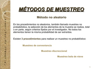 Método no aleatorio En los procedimientos no aleatorios, también llamado muestreo no probabilístico, la selección de los elementos de la muestra se realiza, total o en parte, según criterios fijados por el investigador. No todos los elementos tienen la misma probabilidad de ser extraídos. Existen  3 procedimientos  para realizar un muestreo no probabilístico: Muestreo de conveniencia Muestreo discreccional Muestreo  bola de nieve MÉTODOS DE MUESTREO L A I N V E S T I G A C I Ó N C O M E R C I A L 86 
