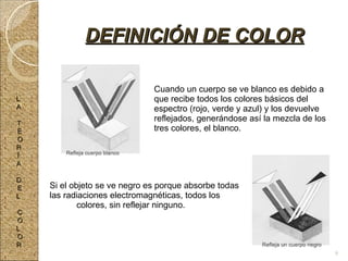 Cuando un cuerpo se ve blanco es debido a  que recibe todos los colores básicos del  espectro (rojo, verde y azul) y los devuelve  reflejados, generándose así la mezcla de los  tres colores, el blanco. Si el objeto se ve negro es porque absorbe todas  las radiaciones electromagnéticas, todos los  colores, sin reflejar ninguno. DEFINICIÓN DE COLOR L A T E O R Í A D E L C O L O R 9 