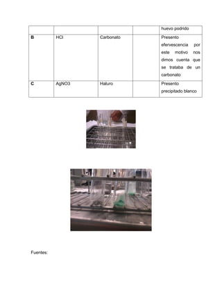 huevo podrido

B          HCl     Carbonato   Presento
                               efervescencia   por
                               este   motivo   nos
                               dimos cuenta que
                               se trataba de un
                               carbonato

C          AgNO3   Haluro      Presento
                               precipitado blanco




Fuentes:
 