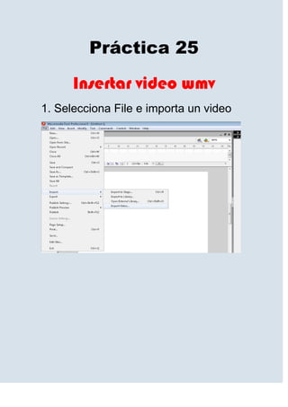 Práctica 25

      Insertar video wmv
1. Selecciona File e importa un video
 