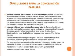 DIFICULTADES PARA LA CONCILIACIÓN
                                FAMILIAR

   Incorporación de las mujeres a la educación especializada. El colectivo
    femenino tiene un menor índice de fracaso escolar, siendo sus resultados
    académicos comparativamente mejores. Durante los estudios secundarios y
    universitarios, las chicas se sitúan de forma mayoritaria en las áreas y
    carreras tradicionalmente denominadas “de letras” mientras que los hombres
    carreras denominadas “de ciencias o tecnologías”.
   Incorporación de las mujeres al mercado laboral. Durante los últimos
    años, las mujeres han apostado fuertemente por la incorporación al mercado
    de trabajo, y esto ha hacho evidente la pervivencia de situaciones
    discriminatorias en el ámbito laboral respecto a los varones. Por ello las
    mujeres:
-   Tienen una tasa de desempleo mayor, a pesar de presentar mejor nivel
    académico. Sufren mayor precariedad en los contratos laborales.
-   Tienen una reducida presencia en los sectores mejor remunerados y/o en los
    niveles de dirección y de toma de decisiones dentro del tejido empresarial.
-   Reciben menor salario en actividades con igual responsabilidad.
-   Sufren acoso sexual en mayor medida.
 