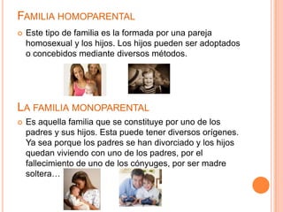 FAMILIA HOMOPARENTAL
   Este tipo de familia es la formada por una pareja
    homosexual y los hijos. Los hijos pueden ser adoptados
    o concebidos mediante diversos métodos.




LA FAMILIA MONOPARENTAL
   Es aquella familia que se constituye por uno de los
    padres y sus hijos. Esta puede tener diversos orígenes.
    Ya sea porque los padres se han divorciado y los hijos
    quedan viviendo con uno de los padres, por el
    fallecimiento de uno de los cónyuges, por ser madre
    soltera…
 