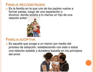FAMILIA RECONSTRUIDA
   Es la familia en la que uno de los padres vuelve a
    formar pareja, luego de una separación o
    divorcio, donde existía a lo menos un hijo de una
    relación anterior.




FAMILIA ADOPTIVA
   Es aquella que acoge a un menor por medio del
    proceso de adopción, estableciendo con este o estos
    una relación estable y duradera basada en los principios
    del amor.
 