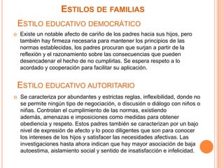 ESTILOS DE FAMILIAS
    ESTILO EDUCATIVO DEMOCRÁTICO
   Existe un notable afecto de cariño de los padres hacia sus hijos, pero
    también hay firmeza necesaria para mantener los principios de las
    normas establecidas, los padres procuran que surjan a partir de la
    reflexión y el razonamiento sobre las consecuencias que pueden
    desencadenar el hecho de no cumplirlas. Se espera respeto a lo
    acordado y cooperación para facilitar su aplicación.


    ESTILO EDUCATIVO AUTORITARIO
   Se caracteriza por abundantes y estrictas reglas, inflexibilidad, donde no
    se permite ningún tipo de negociación, o discusión o diálogo con niños o
    niñas. Controlan el cumplimiento de las normas, existiendo
    además, amenazas e imposiciones como medidas para obtener
    obediencia y respeto. Estos padres también se caracterizan por un bajo
    nivel de expresión de afecto y lo poco diligentes que son para conocer
    los intereses de los hijos y satisfacer las necesidades afectivas. Las
    investigaciones hasta ahora indican que hay mayor asociación de baja
    autoestima, aislamiento social y sentido de insatisfacción e infelicidad.
 