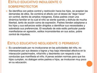 ESTILO EDUCATIVO INDULGENTE O
    SOBREPROTECTOR
   Se identifica con pobre control y restricción hacia los hijos, se aceptan las
    demandas de ellos. Se combina el afecto con el deseo de “dejar hacer”
    sin control, dentro de amplios márgenes. Estos padres crean una
    dinámica familiar en la cual el niño se siente querido y disfruta de mucha
    libertad, tanto de acción como de expresión. Padres tienden adaptarse a
    los hijos y sus esfuerzos están dirigidos a identificar sus necesidades y
    sobretodo sus preferencias. El resultado de este estilo particular puede
    manifestarse en agresión, estilos inconsistentes en sus actos, pobre
    control de impulsos.


    ESTILO EDUCATIVO NEGLIGENTE O PERMISIVO
   Es caracterizado por no involucrarse en las actividades del niño, no
    interesarse por sus deseos o logros y hay baja intensidad afectiva en la
    interacción padre/madre, niña/niño y desinterés con respecto a las
    conductas que manifiesta el niño. A penas existen normas para que los
    hijos cumplan, no dialogan entre padres e hijos, se involucran muy poco
    en su educación.
 