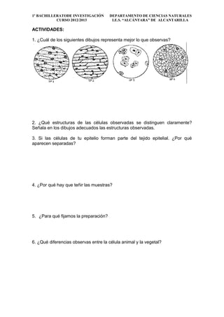 1º BACHILLERATODE INVESTIGACIÓN        DEPARTAMENTO DE CIENCIAS NATURALES
           CURSO 2012/2013              I.E.S. “ALCÁNTARA” DE ALCANTARILLA

ACTIVIDADES:

1. ¿Cuál de los siguientes dibujos representa mejor lo que observas?




2. ¿Qué estructuras de las células observadas se distinguen claramente?
Señala en los dibujos adecuados las estructuras observadas.

3. Si las células de tu epitelio forman parte del tejido epitelial. ¿Por qué
aparecen separadas?




4. ¿Por qué hay que teñir las muestras?




5. ¿Para qué fijamos la preparación?




6. ¿Qué diferencias observas entre la célula animal y la vegetal?
 