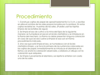 Procedimiento
1. Construye cajitas de papel de aproximadamente 5 x 5 cm, y escribe
en ellas el nombre de las sales proporcionadas por tu profesor. En estas
cajitas recibirás las muestras de las sales. (Puedes usar las tapitas
limpias de las botellas de agua)
2. Se limpia el asa de cultivo o la mina del lápiz de la siguiente
manera; se humedece el asa en el ácido clorhídrico y se introduce en
la flama del mechero. La flama no debe presentar ninguna coloración
en caso de que así sea vuelve a limpiar el asa con el mismo
procedimiento indicado.
3. Una vez que está limpia el asa, se humedece con el ácido
clorhídrico limpio, y se toca la primera de las sustancias colocadas en
las cajitas de papel, inmediatamente se introduce el alambre en la
llama y se anota la coloración observada, o elabora un dibujo con la
coloración que adquiere.
4. Se limpia nuevamente el alambre y se repite lo anterior con cada
una de las sales.
 