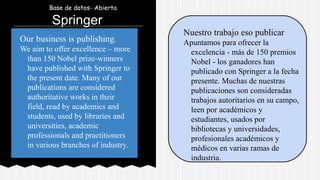 Base de datos- Abierta

Springer
Our business is publishing.
We aim to offer excellence – more
than 150 Nobel prize-winners
have published with Springer to
the present date. Many of our
publications are considered
authoritative works in their
field, read by academics and
students, used by libraries and
universities, academic
professionals and practitioners
in various branches of industry.

Nuestro trabajo eso publicar
Apuntamos para ofrecer la
excelencia - más de 150 premios
Nobel - los ganadores han
publicado con Springer a la fecha
presente. Muchas de nuestras
publicaciones son consideradas
trabajos autoritarios en su campo,
leen por académicos y
estudiantes, usados por
bibliotecas y universidades,
profesionales académicos y
médicos en varias ramas de
industria.

 