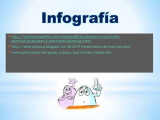 http://www.monografias.com/trabajos88/ecuaciones-y-reacciones-
quimicas/ecuaciones-y-reacciones-quimicas.shtml
http://zona-quimica.blogspot.mx/2010/07/rendimiento-de-reaccion.html
www.quimicaweb.net/grupo_trabajo_fyq3/tema6/index6.htm
Infografía
 